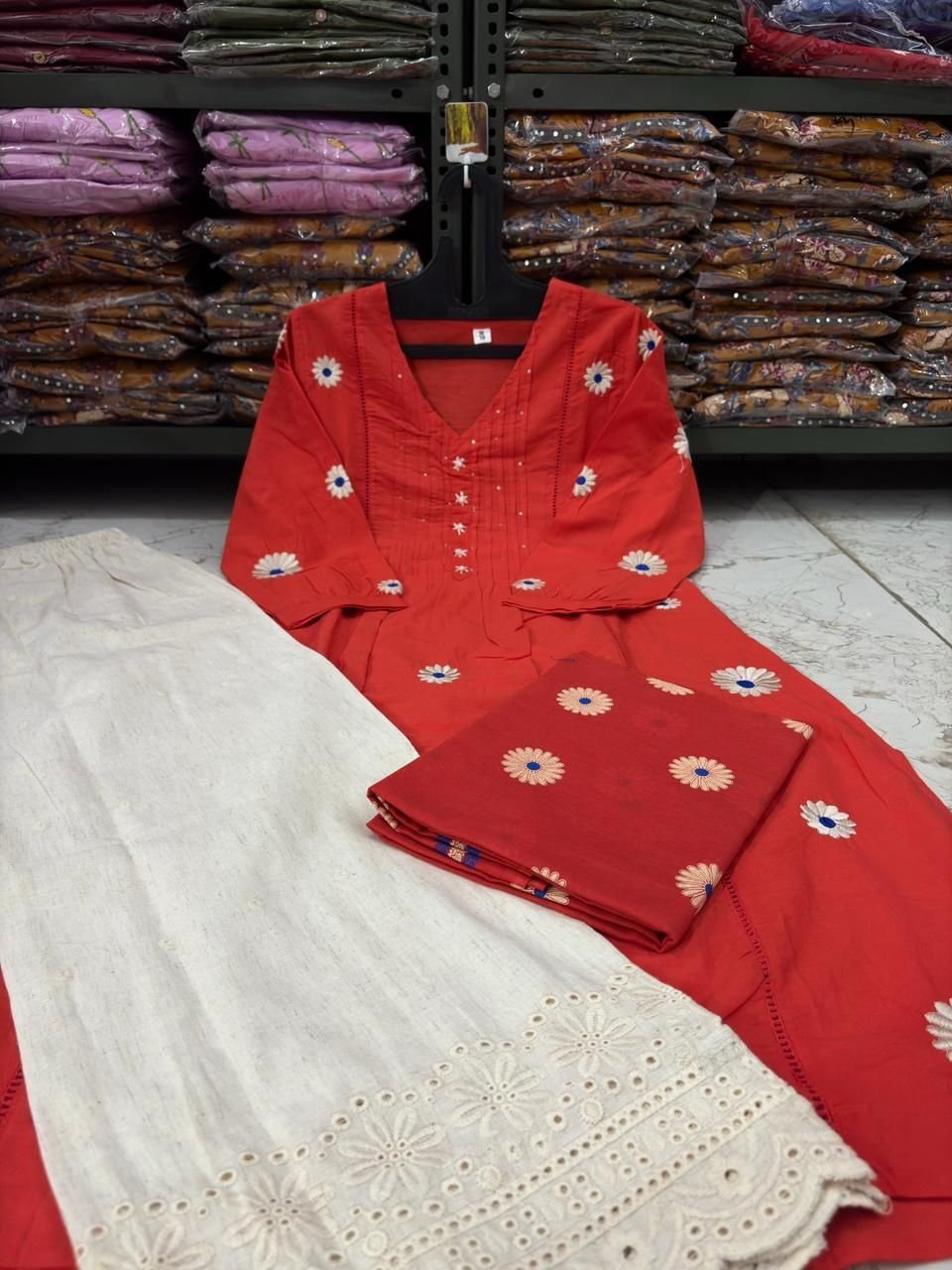 Red Cotton Embroidered Kurti Set with Dupatta